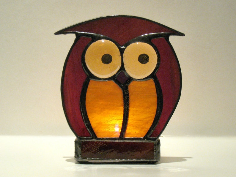Candle Holder Tea Light Stained Glass Votive Owl Amber Etsy