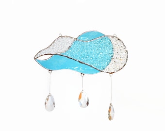 Rain Cloud Stained Glass Window Hanging, Blue Crystals Suncatcher