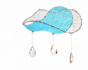 Rain Cloud Stained Glass Sun Catcher, Blue Crystals Window Hanging