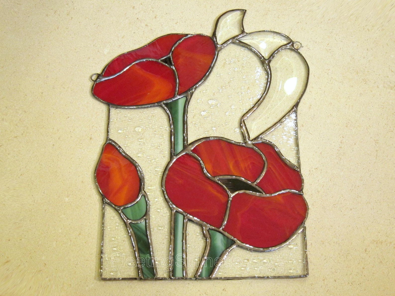 Poppies Stained Glass Suncatcher Panel Red Poppy Window Etsy