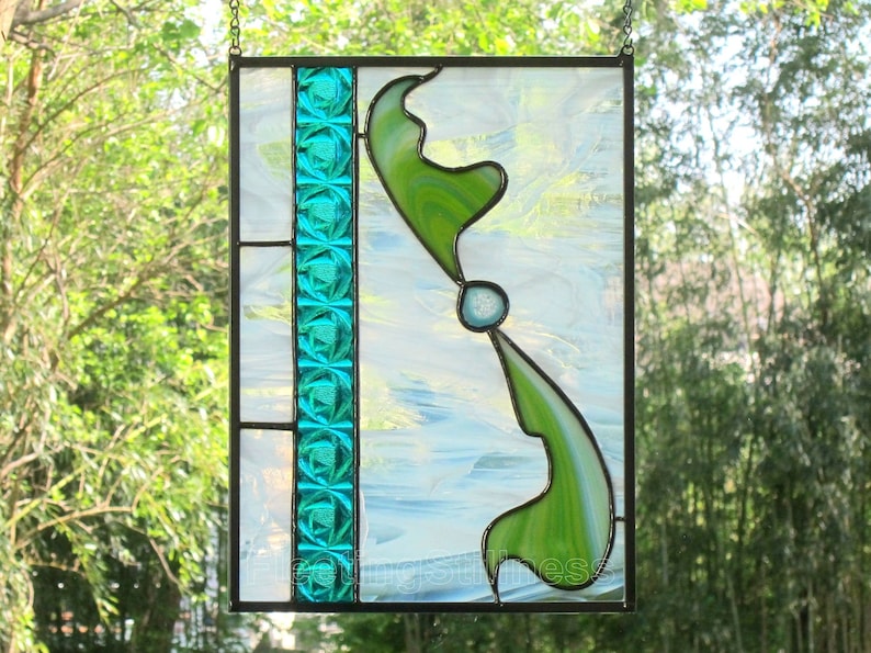 Turquoise Stained Glass Panel Blue Green Abstract Stain Glass Sun Catcher Free Shipping in US