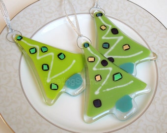 Fused Glass Ornament Christmas Tree Green Christmas Ornament Fused Glass Zigzag Geometric Party Favor