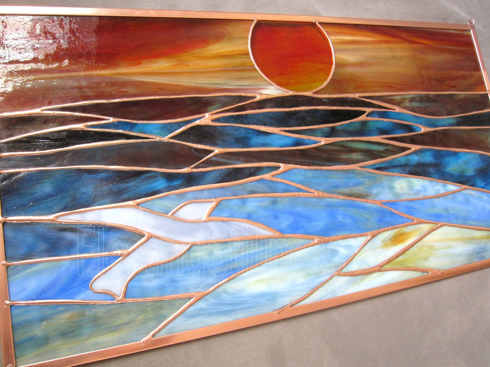 Ocean Sunset Stained Glass Panel Blue Sunrise CUSTOM Stain Etsy