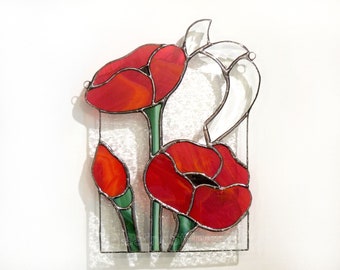 Poppies Stained Glass Sun Catcher Custom Stained Glass Suncatcher Unique Gift