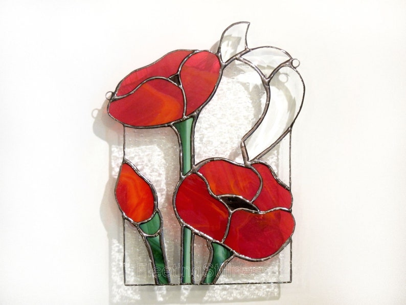 Poppies Stained Glass Sun Catcher Custom Stained Glass Suncatcher Unique Gift image 1