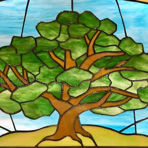 May include: A stained glass window depicting a large green tree with brown branches against a blue sky background.
