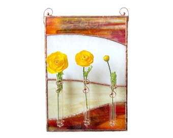 Mid Century Modern Stained Glass Panel Bud Vase Gift Wall Art Stain Glass