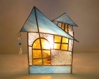 Fairy House Night Light Baby Blue Stained Glass Gift