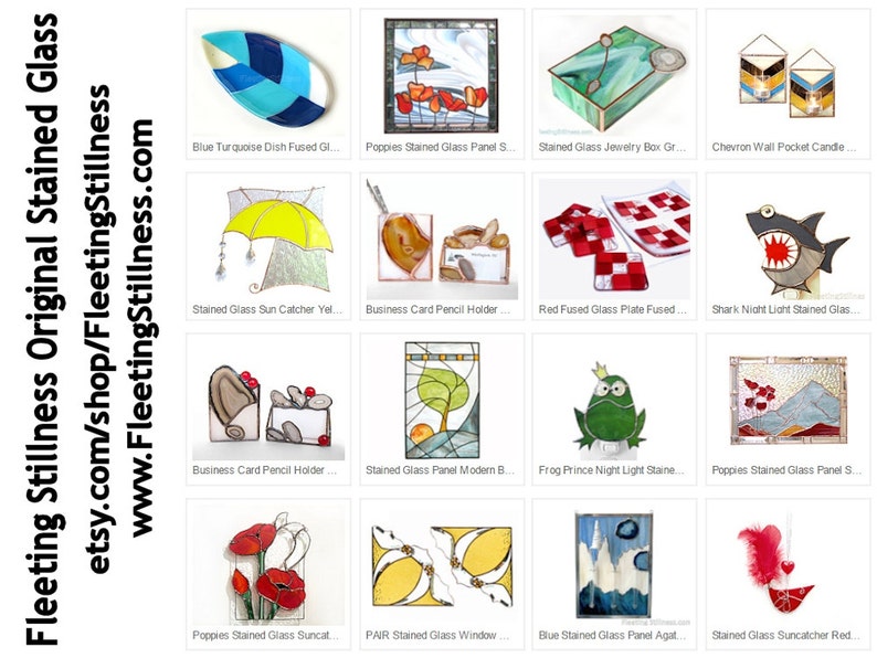May include: A collection of stained glass art pieces, including a suncatcher, a night light, a panel, a window, a plate, a jewelry box, a dish, a pencil holder, and a wall pocket candle. The pieces feature various designs, including poppies, a frog, a shark, a chevron pattern, and a modern design.