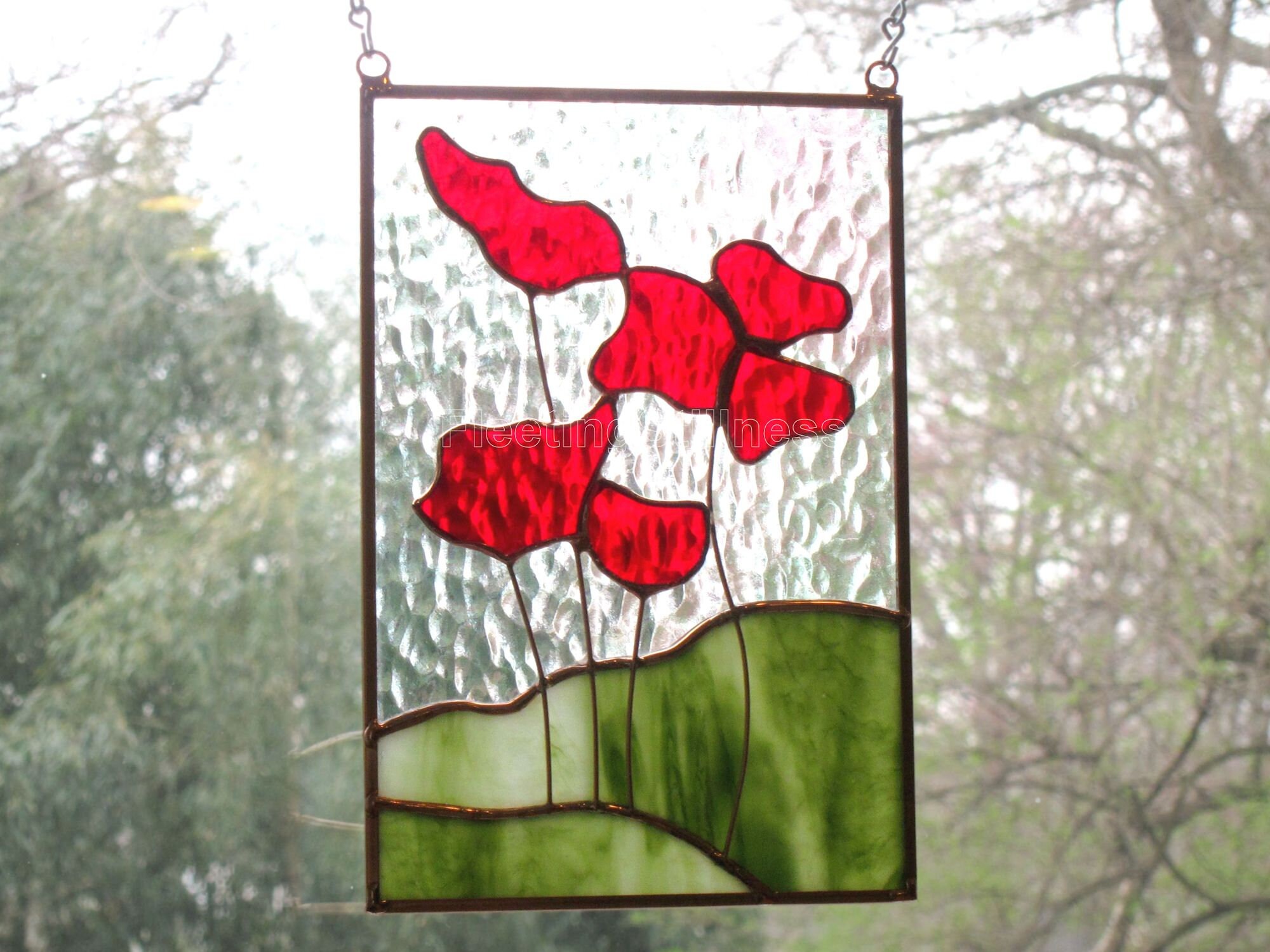 Poppies Stained Glass Sun Catcher Panel Red Poppy Stain Glass Etsy