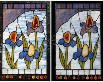 Stained Glass Panel Irises Blue with Agates - CUSTOM Stain Glass