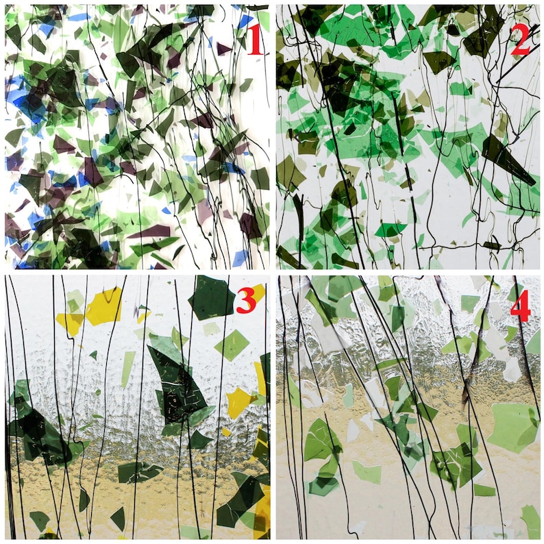 May include: A collage of four glass panels featuring scattered shards of green, blue, yellow, and purple glass embedded in clear glass with thin, dark, vertical stringer lines. Each panel is numbered one through four in red text.