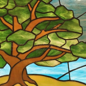 May include: A stained glass window depicting a tree with brown branches and green leaves against a blue sky background.