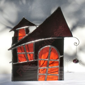 Halloween Home Decor Stained Glass Candle Holder Haunted Mansion Large Orange Purple