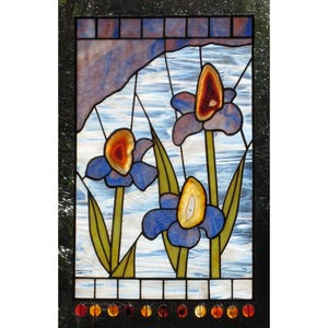 Irises Stained Glass Panel White Blue with Agates CUSTOM Flowers image 1