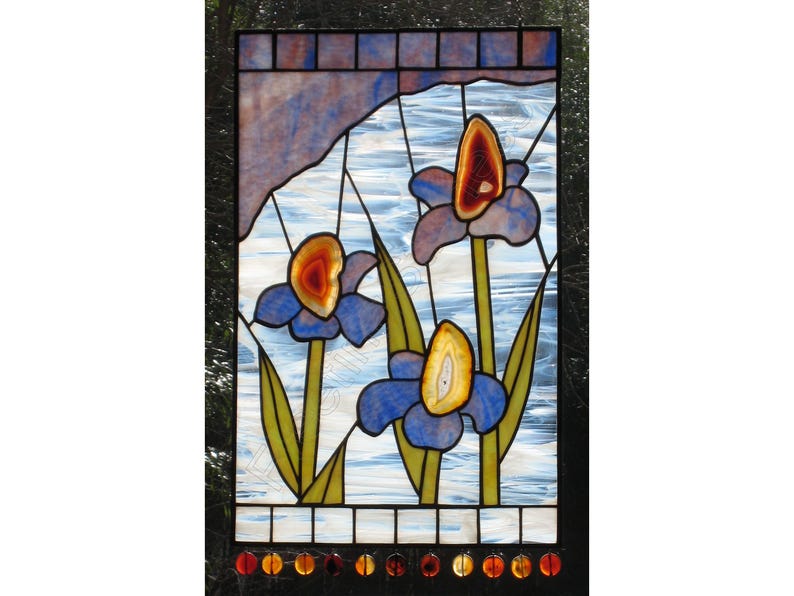 Irises Stained Glass Panel White Blue with Agates CUSTOM Flowers image 1
