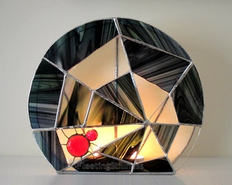 Halloween Stained Glass Candle Holder Decoration Spider Web Wicca Black Red White Handmade OOAK