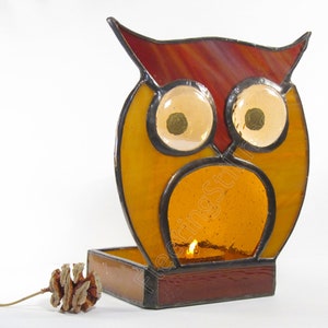 Stained Glass Candle Holder Votive Tea Light Gift Owl Brown Amber image 2