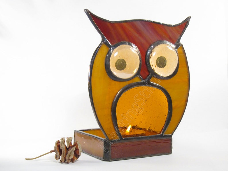 Stained Glass Candle Holder Votive Tea Light Gift Owl Brown Amber image 2