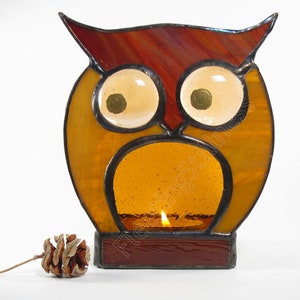 Stained Glass Candle Holder Votive Tea Light Gift Owl Brown Amber image 1
