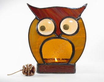 Stained Glass Candle Holder Votive Tea Light Gift Owl Brown Amber