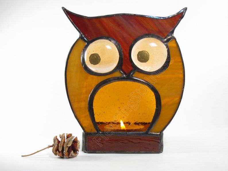 Stained Glass Candle Holder Votive Tea Light Gift Owl Brown Amber image 1