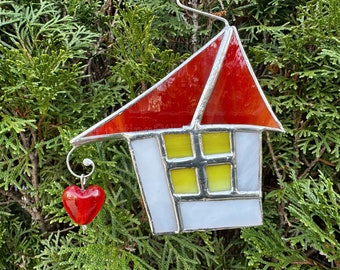 Red Roof House with Heart Christmas Ornament, Suncatcher