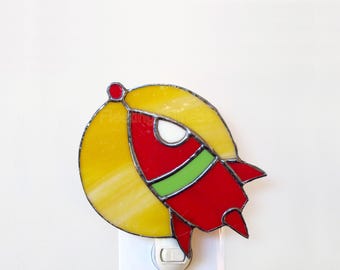 Rocket Night Light Child Nursery Nightlight Stained Glass Handmade