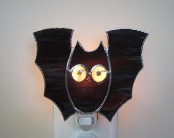 Halloween Bat Night Light, Dark Blue Black Stained Glass Nightlight