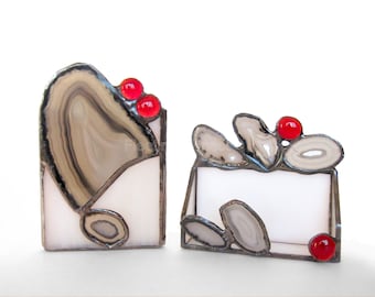 Business Card Pencil Holder Set Gift Agate Geode Stained Glass Black White Red