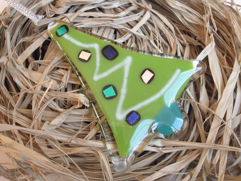 Set of 3 Christmas Tree Ornaments Fused Glass Party Favor image 2