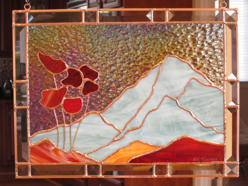 Mountain Poppies Stained Glass Panel, Window Panel Custom Stained Glass image 5