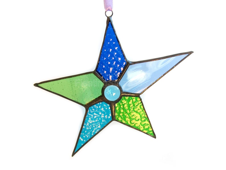 Blue Green Window Hanging, Stained Glass Star Suncatcher image 2