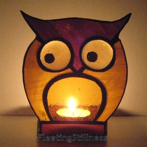 Stained Glass Candle Holder Votive Tea Light Gift Owl Brown Amber image 3