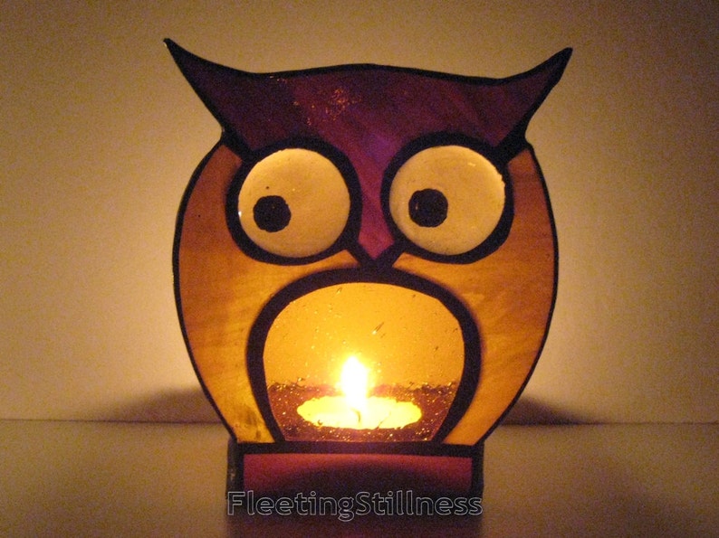 Stained Glass Candle Holder Votive Tea Light Gift Owl Brown Amber image 3