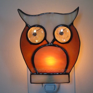 Owl Stained Glass Night Light, Beige Brown Nursery Nightlight