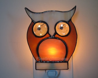 Owl Stained Glass Night Light, Beige Brown Nursery Nightlight