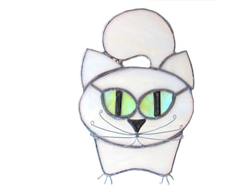 Stained Glass White Cat Suncatcher Window Hanging Original Design ...