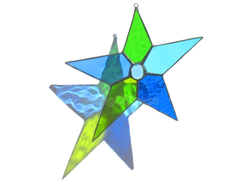 Blue Green Window Hanging, Stained Glass Star Suncatcher image 3