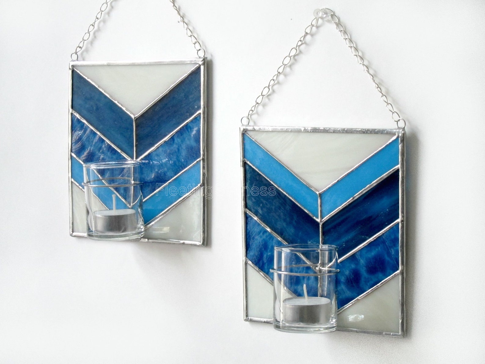 PAIR Blue Wall Candle Holder Bud Vase Chevron White Stained Etsy