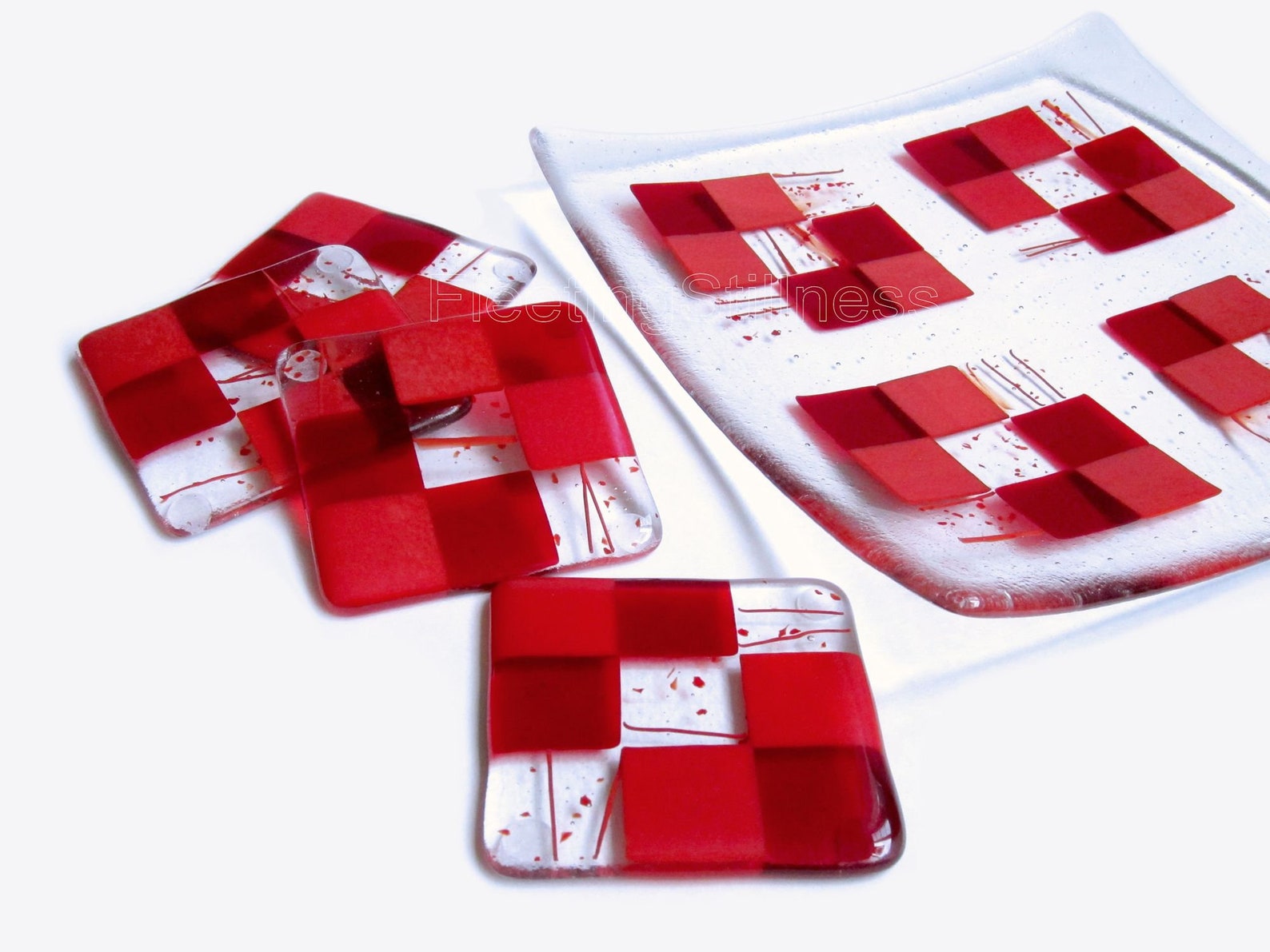 Red Fused Glass Plate Fused Glass Platter and Coasters Set Etsy