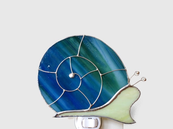Snail Night Light, Blue Green Nursery Nightlight Stained Glass