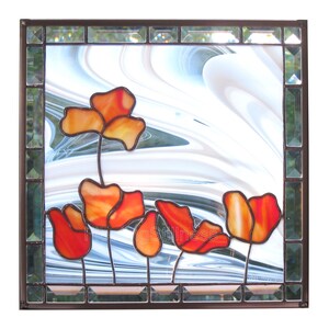 Poppies Stained Glass Panel Suncatcher Poppy Red Tulips Flowers Gift ...