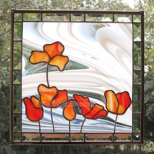 Poppies Stained Glass Panel Suncatcher Red Flowers Gift Custom Stained Glass