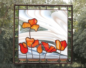 Poppies Stained Glass Panel Suncatcher Red Flowers Gift Custom Stained Glass