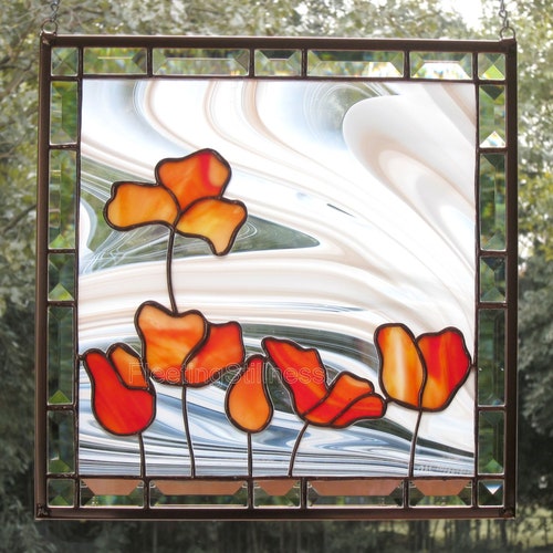 Poppies Stained Glass Panel Suncatcher Red CUSTOM Stain Glass - Etsy