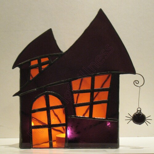 Halloween Decor Stained Glass Candle Holder Large Haunted House Purple Orange