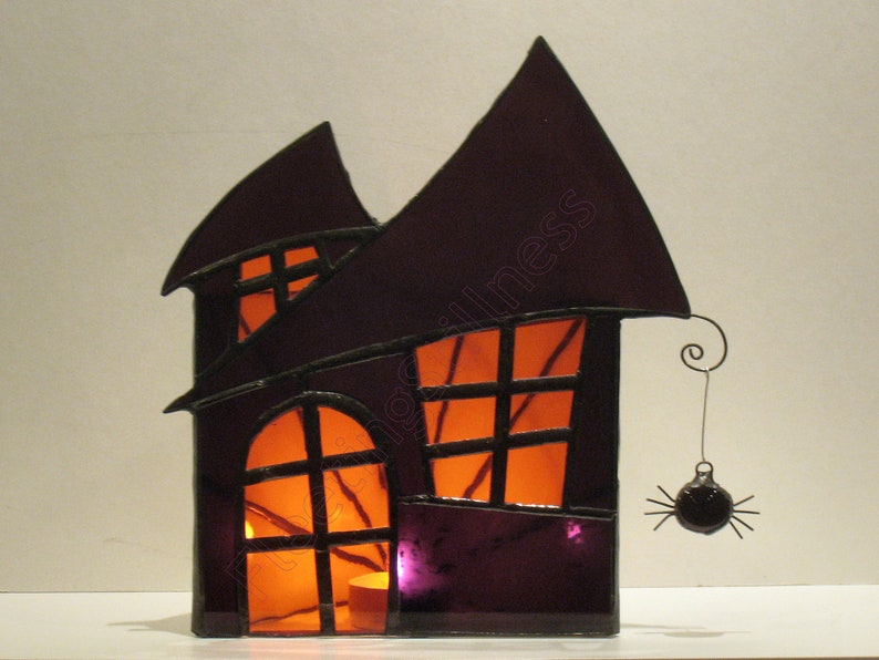 Halloween Decor Stained Glass Candle Holder Large Haunted House Purple Orange