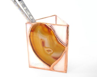 Pencil Holder Beige Agate Geode White Stained Glass