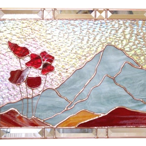 Mountain Poppies Stained Glass Panel, Window Hanging Custom Sizes